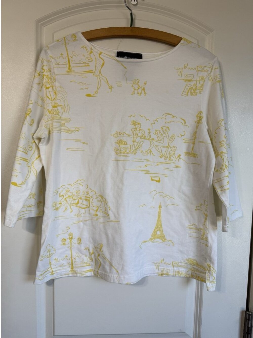 Vintage Sag Harbor 3/4 Sleeve Top Paris Eiffel Tower Toile Print White Yellow Sm